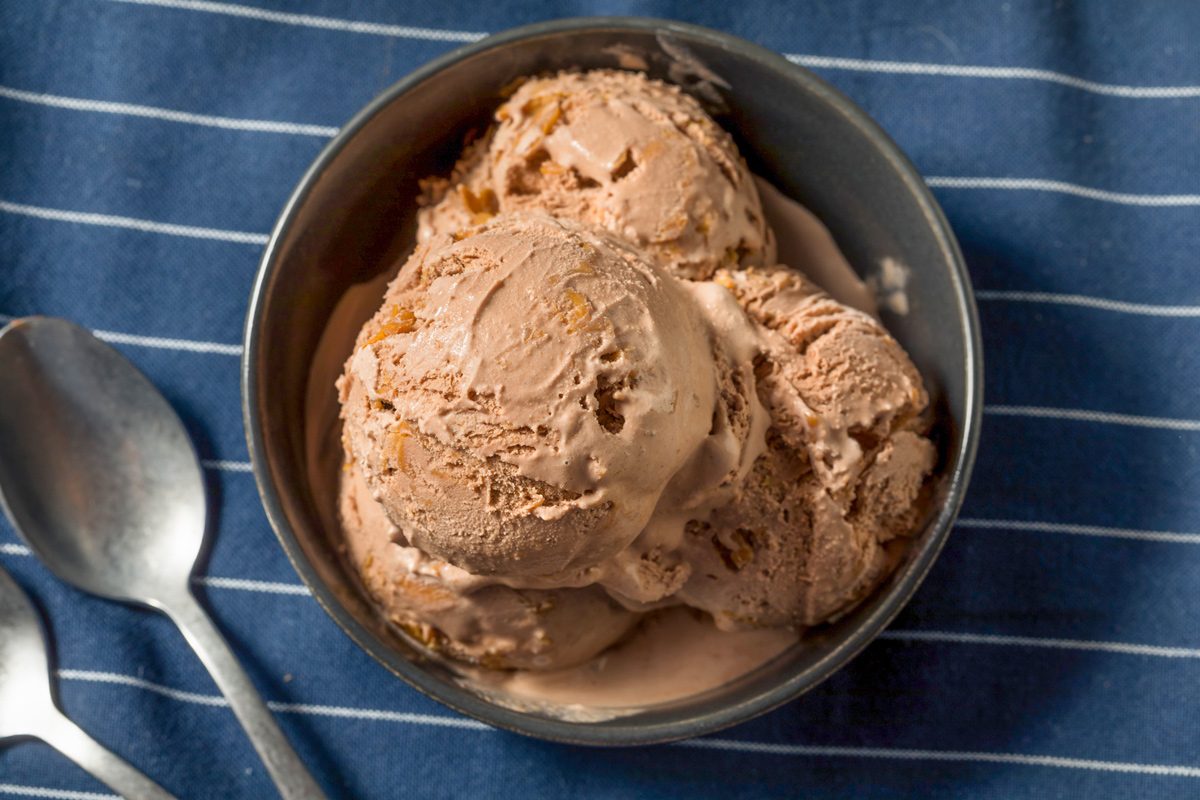 top angle view of chocolate peanut butter ice cream in a bowl