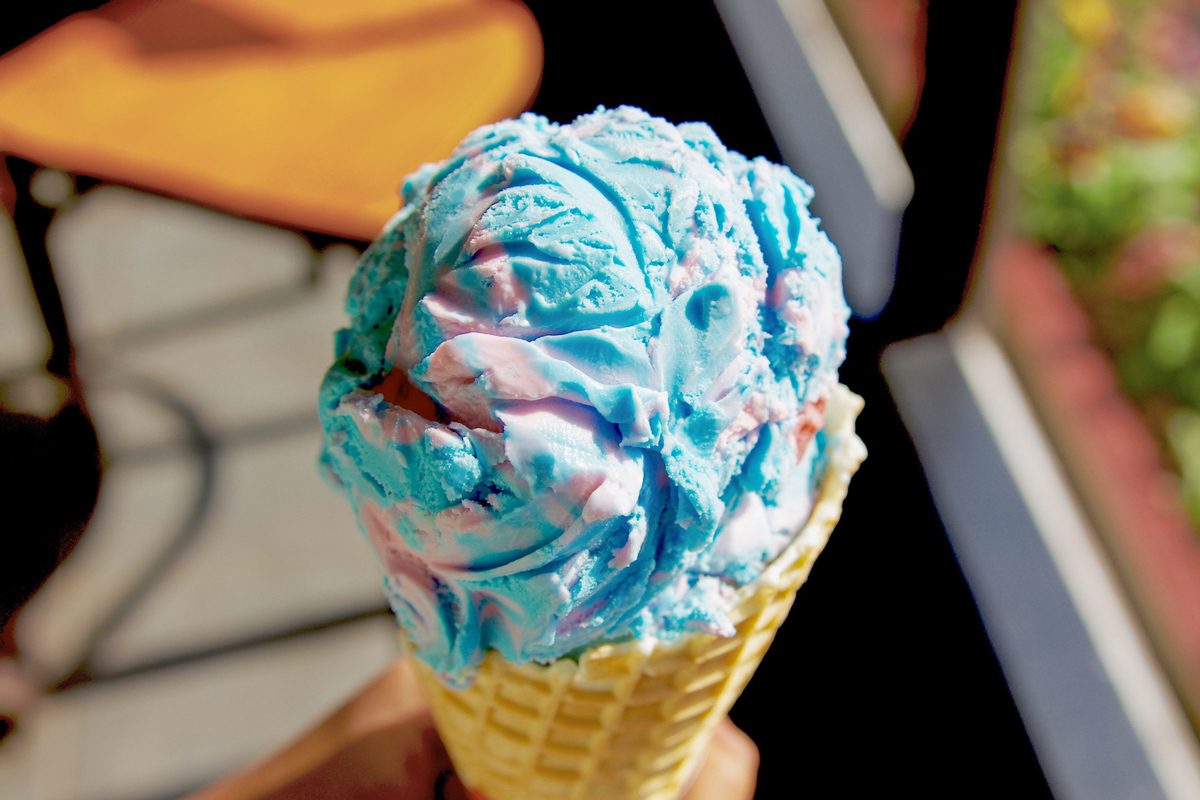 close up of Cotton Candy Ice Cream in a cone