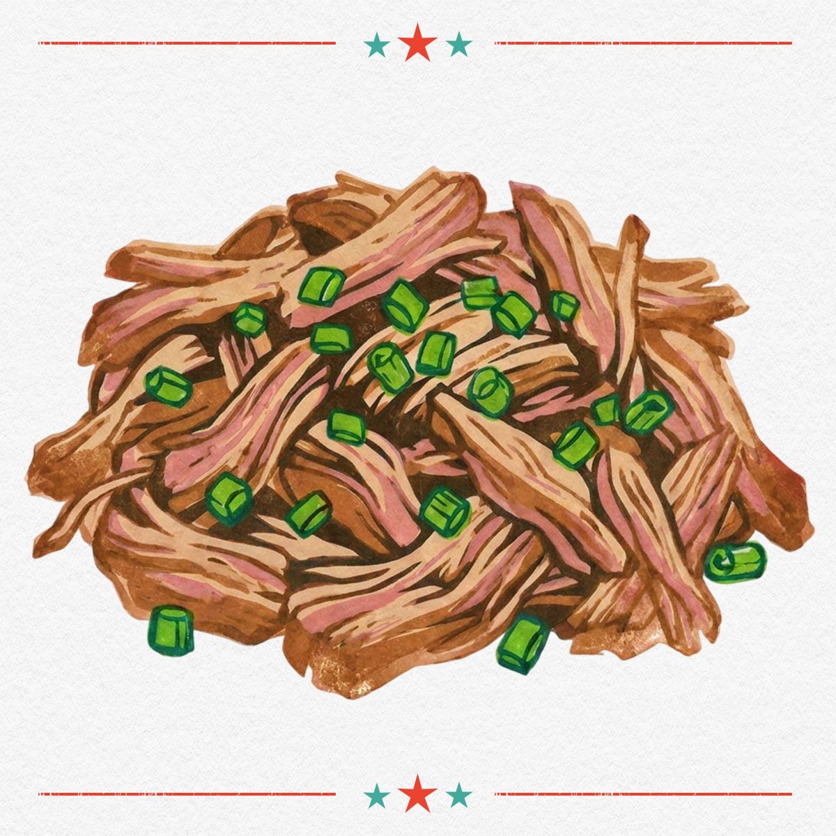 An illustration of Hawaiian style barbecue Kalua Pork with some stars on the border.