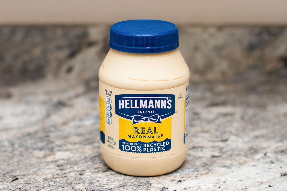 Hellmann's Real Mayonnaise on a kitchen counter