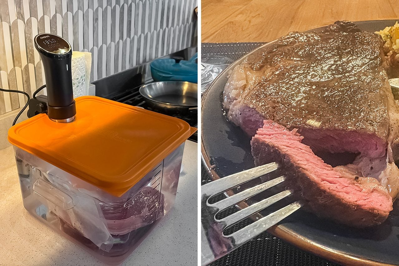 A sous vide machine cooking steak in a plastic container on the left; on the right, a cooked steak sliced open on a plate, showing a pink interior.