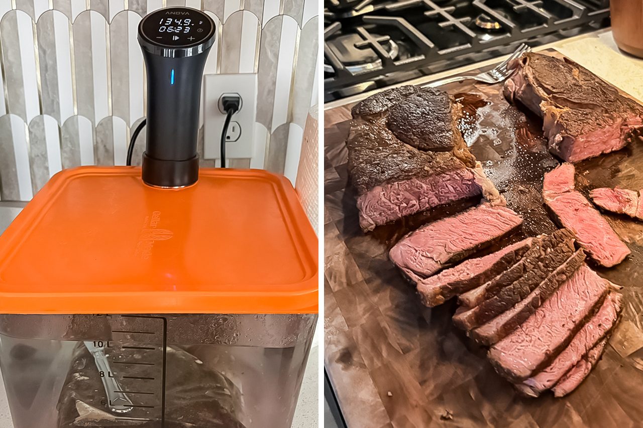 Left: A sous vide machine in a container with an orange lid. Right: A cooked, sliced steak on a cutting board near a stovetop.