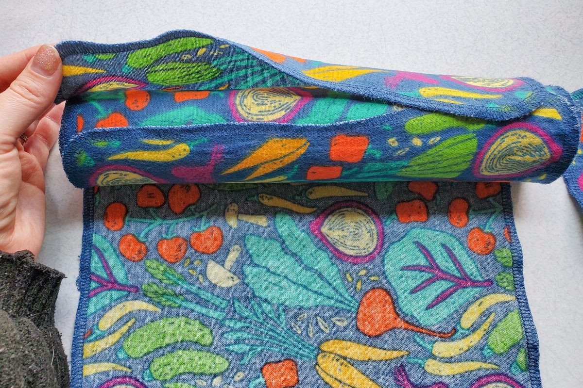 close up of reusable paper towels being rerolled