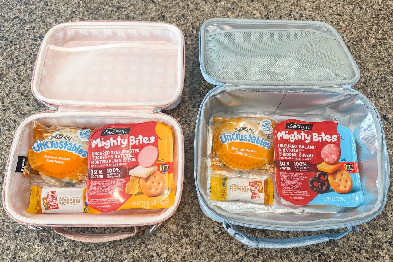 Stanley Lunchboxes next to each other with food items inside