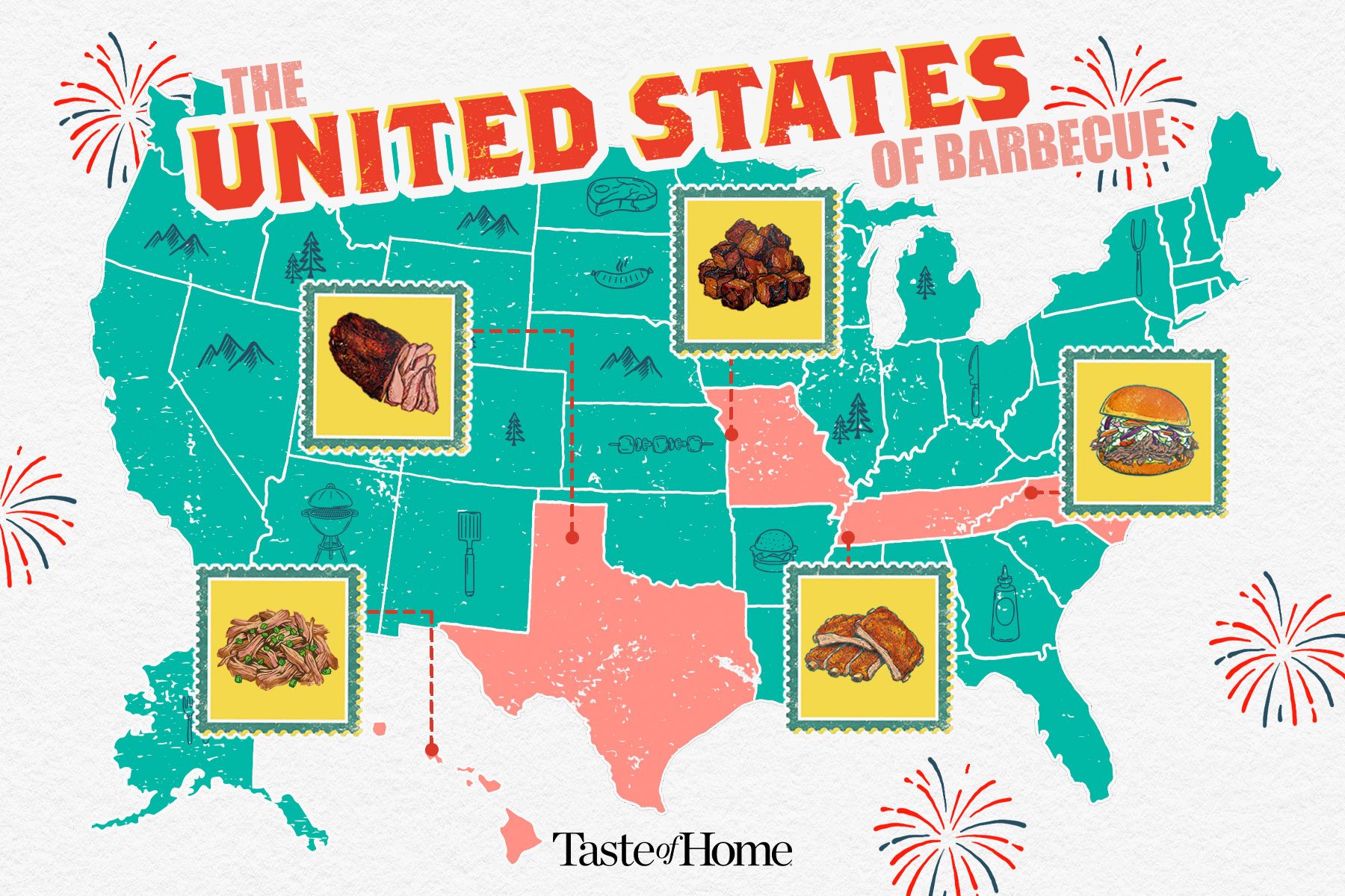 A graphic showing a teal blue map of the US with pop ups of food in stamp shaped squares with pointers pointing to the states in pink on a texture paper background.