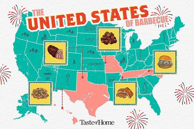 A graphic showing a teal blue map of the US with pop ups of food in stamp shaped squares with pointers pointing to the states in pink on a texture paper background.