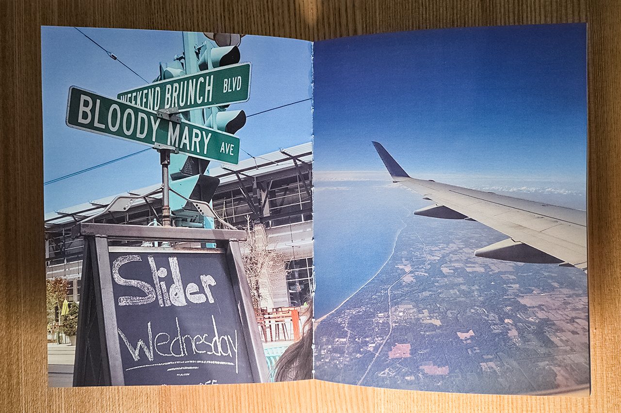 Street signs reading “BLOODY MARY AVE” and “FRIED CHICKEN BLVD” above a chalkboard sign for “Slider Wednesday” are shown; next to it is an airplane wing over land and water, seen from a window.