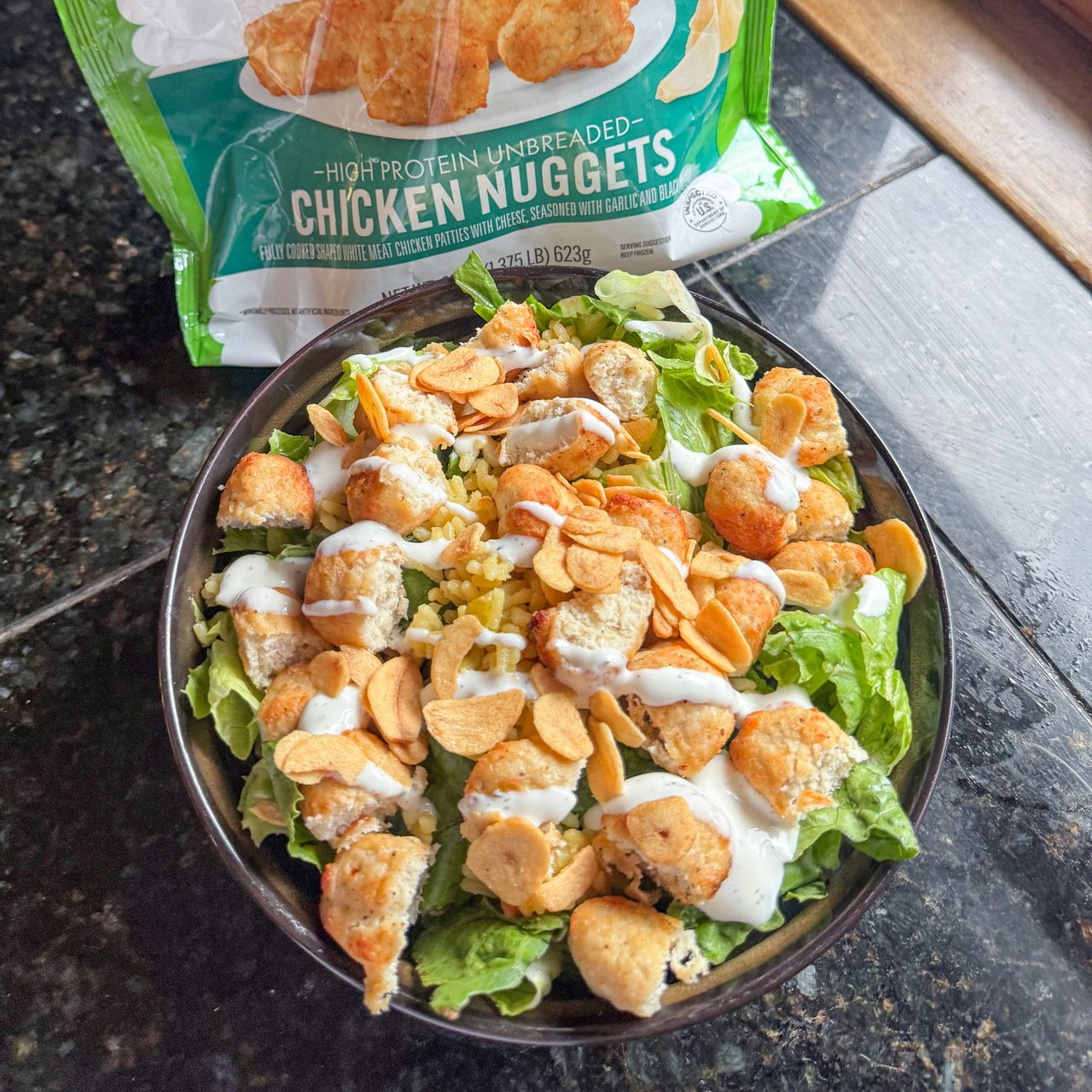 Tyson High Protein Unbreaded Chicken Nuggets in a caesar salad